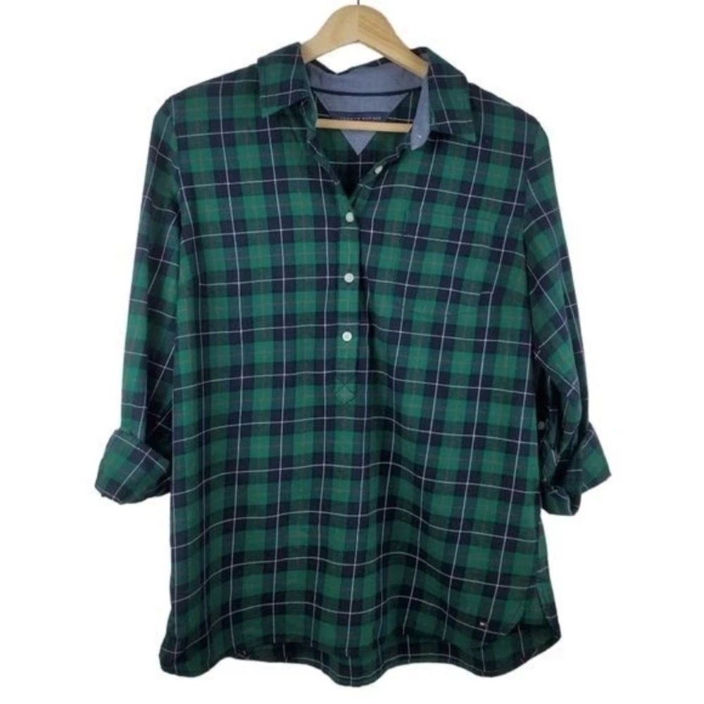 Tommy Hilfiger Small Classic Flannel Popover Blouse Tartan Plaid Green Black Red